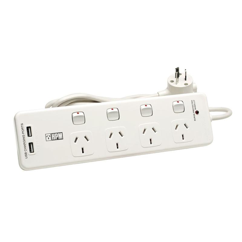 HPM Powerboard 4 Socket Switched With 2x USB 4.8A & Surge Protection LA01480AAB
